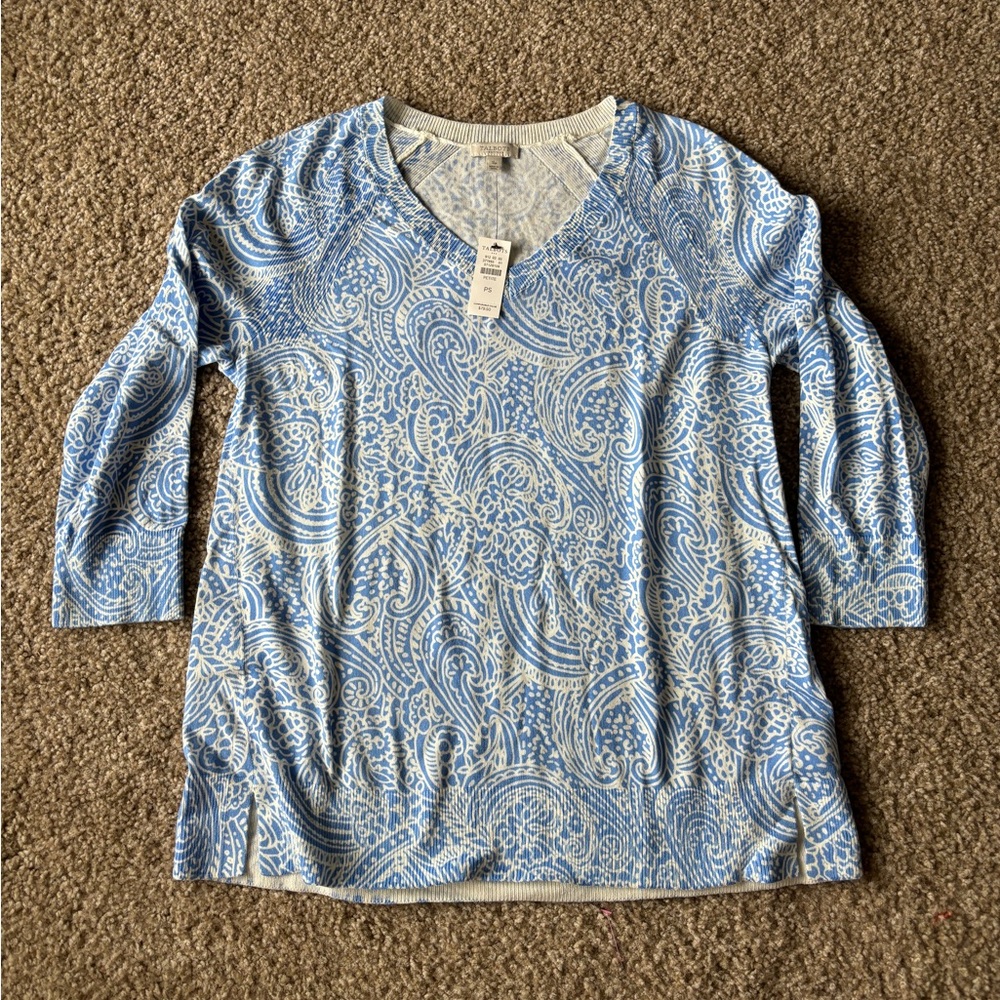 NWT Talbots‎ Petites Small Knit Sweater V Neck Paisley Floral White Blue Preppy